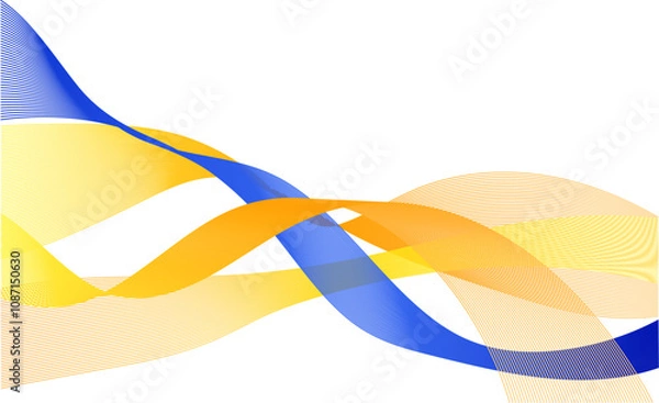 Fototapeta Abstract image featuring flowing blue, yellow, and orange wavy lines that overlap and intertwine. The design is set on a clean white background, representing fluidity, movement, and modern design