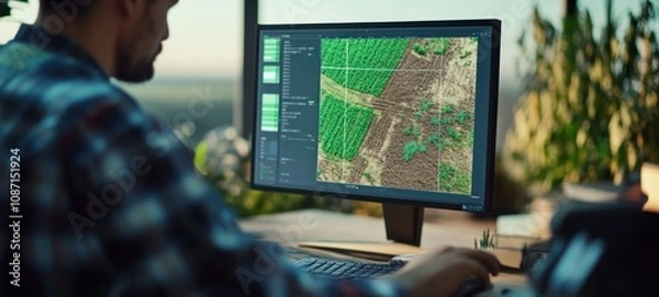 Fototapeta Precision Agriculture: Farmer Analyzing Aerial Imagery on Computer