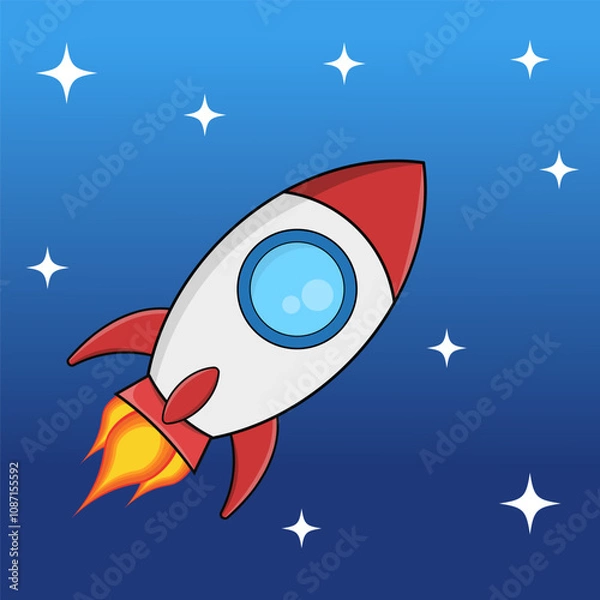 Fototapeta Graphic rocket illustration design with space and stars background