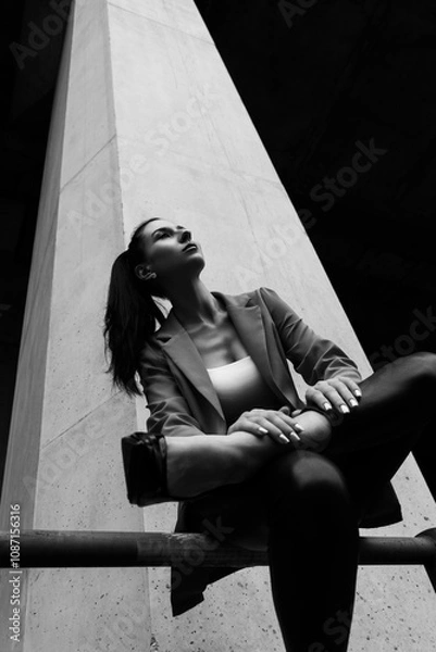 Obraz Black and white photo of a girl in classic clothes posing on the streets of Bangkok.