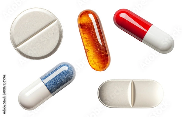 Obraz Set of pills isolated on transparent background. Generative AI