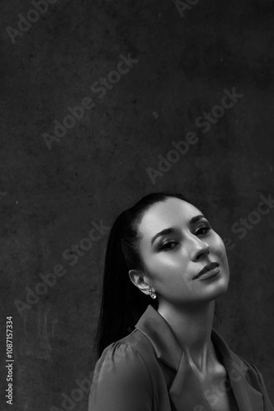 Obraz Black and white photo of a girl in classic clothes posing on the streets of Bangkok.