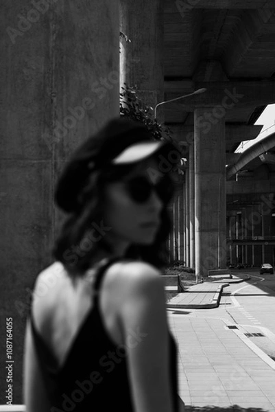 Obraz Black and white photo of a girl in classic clothes posing on the streets of Bangkok.