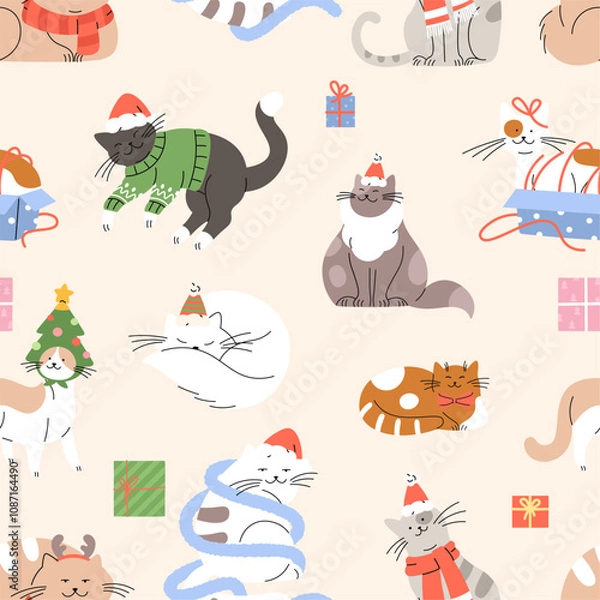 Fototapeta Cute christmas cats seamless pattern. Cat in Santa Claus red hat, sweater, with gifts. Winter holiday funny print template, vector background