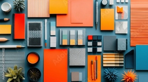 Fototapeta Bright mood board featuring color swatches, typography samples, and inspirational images for graphic design project.
