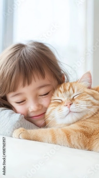Obraz A joyful girl embraces her orange cat in a cozy indoor setting during a sunny afternoon