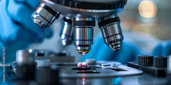 Fototapeta Close-Up of Microscope Focusing on Pharmaceutical Sample, Laboratory Analysis of Medical Components 
