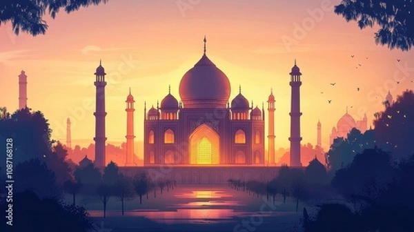 Fototapeta Majestic Sunset Over Iconic Monument with Silhouettes of Trees and Delicate Architectural Features in Warm Hues of Orange and Yellow