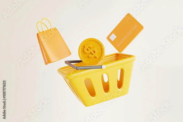 Fototapeta Dollars floating on basket and discount coupons with credit card and orange shopping bag 3d rendering
