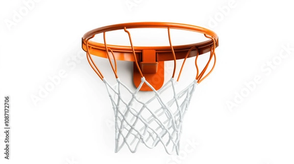 Fototapeta Close-up view of an orange basketball hoop with a white net against a plain white background, showcasing the top and side structure of the rim and attachment.