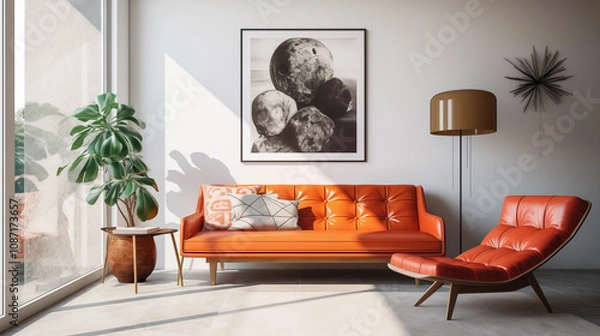 Fototapeta Mid Century Modern Living Room Orange Leather Sofa Lounge Chair  Floor Lamp