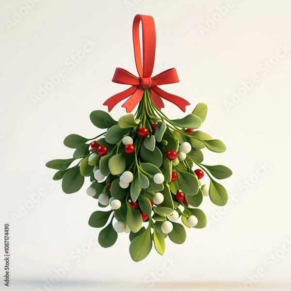 Fototapeta Mistletoe Magic: A festive sprig of mistletoe with red ribbon and white berries, ready to spread holiday cheer.  