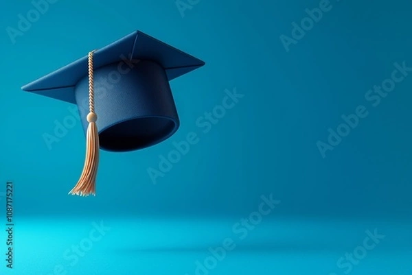 Fototapeta Floating mortarboard against a vibrant blue backdrop, symbolizing academic achievement and celebration of graduation.