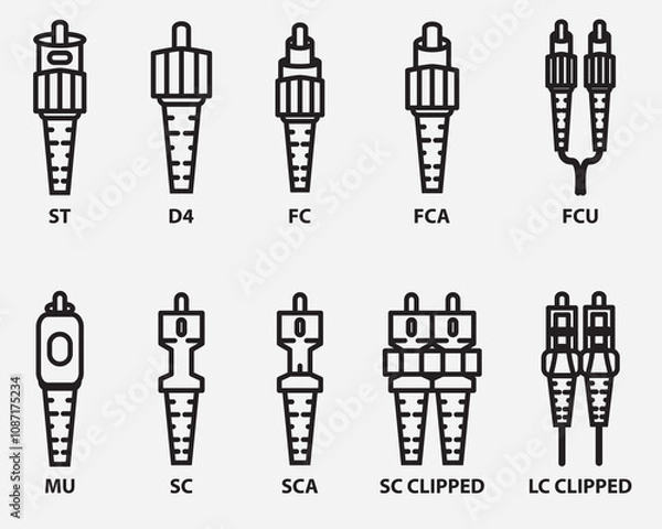 Fototapeta type of fiber optic cable connector outline icon collection isolated on background.network cable connector symbol