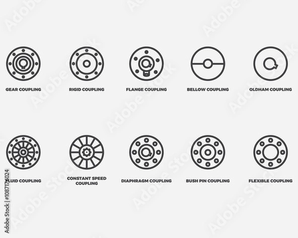 Fototapeta type of automotive gear coupling outline icon collection.car gear spare part pictogram vector illustration isolated on background