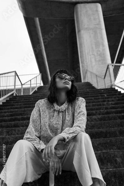Obraz Black and white photo of a girl in classic clothes posing on the streets of Bangkok.