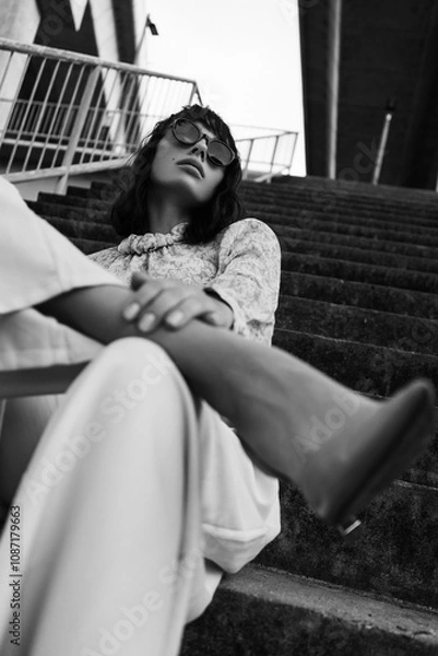 Obraz Black and white photo of a girl in classic clothes posing on the streets of Bangkok.