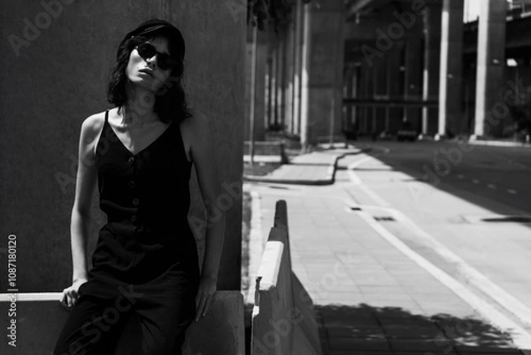 Obraz Black and white photo of a girl in classic clothes posing on the streets of Bangkok.