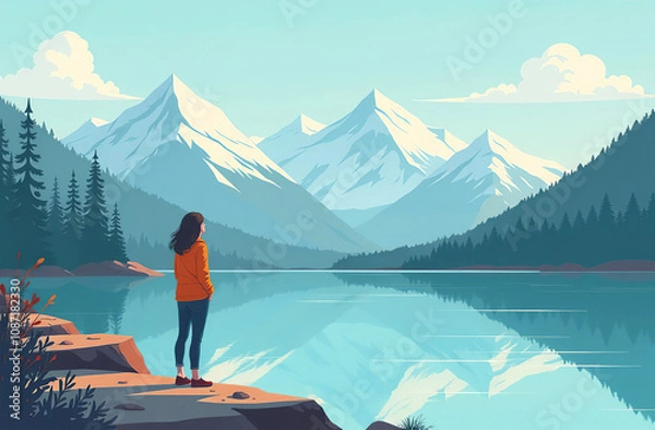 Fototapeta Woman stand shore, looks into distance water. Background mountain. AI Generative