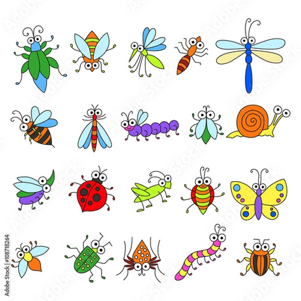 Fototapeta Set of funny cartoon insects