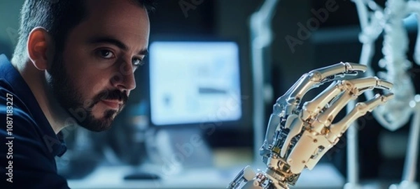 Fototapeta Ingenious Mind: A Man's Intense Focus on a Robotic Hand, Unveiling the Future of Technology