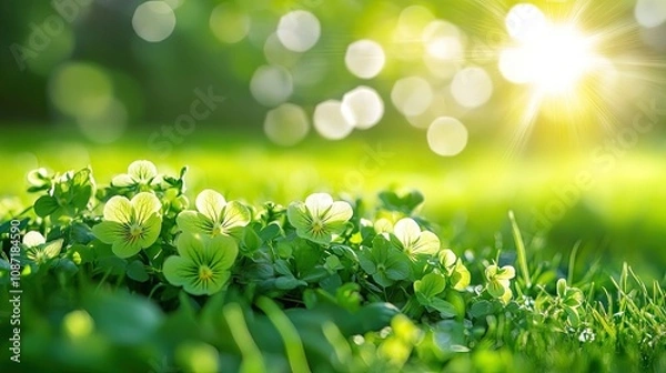 Fototapeta A handpicked bunch of green violets rests against a backdrop of lush green grass, illuminated by sunlight on a bright day, creating a vibrant scene with ample copy space.
