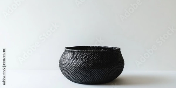 Fototapeta A black wicker basket stands alone on a white background, highlighting its distinctive shape and texture against the clean, bright surface.