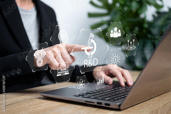 Fototapeta R&D, Research and Development concept, Businesswomen use technology and software development R and D manage new product continuous process automation, Working on each step in detail, Best marketing