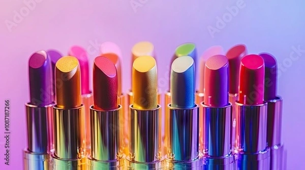 Fototapeta Colorful rainbow lipstick tubes elegantly arranged create a stunning display in a multicultural makeup demonstration, emphasizing diversity and beauty with ample copy space available.