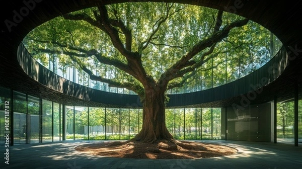 Fototapeta Tree-Centric Museum, an innovative space integrating nature with architecture, featuring a majestic tree with branches reaching through the roof