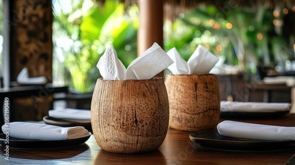 Fototapeta Rustic Wooden Table Decor with Napkin Holders Surrounded by Tropical Plant Life in a Cozy Restaurant Setting, Perfect for Dining Experience and Culinary Aesthetics