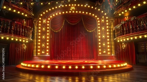 Obraz A vibrant 3D rendered circus stage, perfect for event promotions or entertainment projects. The red and gold podium is dramatically lit by carnival lights, creating a festive atmosphere