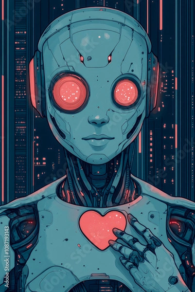 Fototapeta A humanoid robot with red eyes interacts with its glowing heart in a vibrant, neon-lit city, symbolizing technology and connection