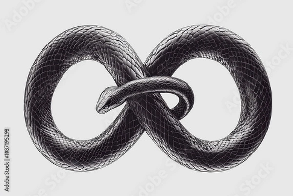 Obraz Bold outline of a snake biting its tail (Ouroboros), symbolizing infinity and rebirth, black lines, no shading