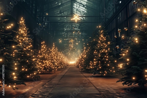 Obraz A large factory at night, surrounded by glowing Christmas trees with sparklers and radiant garlands, emitting a celestial, godlike light in a photorealistic, cinematic style.