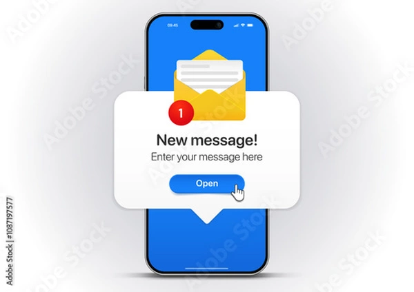 Fototapeta New message notification concept on realistic smartphone mockup. New email pop up. Incoming, open messaging. Chatting, mail, post, letter symbol, sign, emblem with new notification for UI UX website