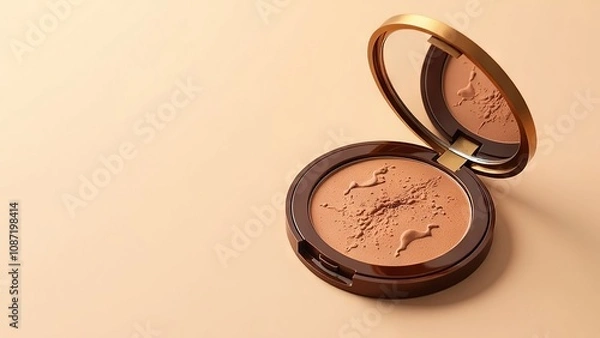 Fototapeta Bronzer in round package with mirror on beige background