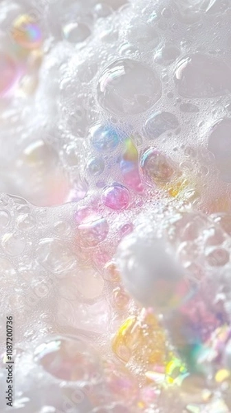 Fototapeta Ethereal iridescent bubbles float in a dreamy, soft-focus landscape, creating a mesmerizing interplay of light, color, and delicate textures.