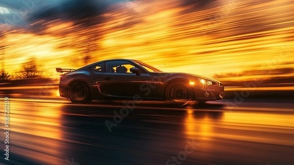 Fototapeta Black Sports Car Speeds Through Sunset Landscape