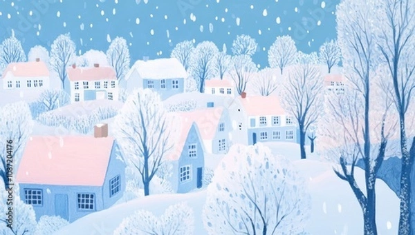 Obraz Gouache Painting of Snow Falling in Matisse Style, Idyllic Snowy Town with Pastel Pink and Blue Palette