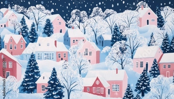 Obraz Gouache Painting of Snow Falling in Matisse Style, Idyllic Snowy Town with Pastel Pink and Blue Palette