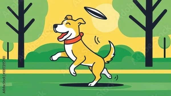 Fototapeta A cheerful yellow dog joyfully runs in a park, chasing a flying frisbee under a sunny sky, surrounded by trees.