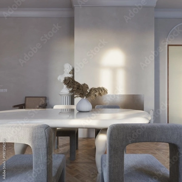 Fototapeta empty wall space in modern contemporary style of diningroom and kitchen interior. 3d illustration