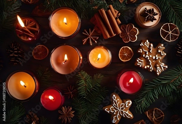 Obraz Scented candles with festive fragrances like cinnamon, pine, or gingerbread. Perfect for cozy winter nights and adding a touch of holiday spirit to any space.