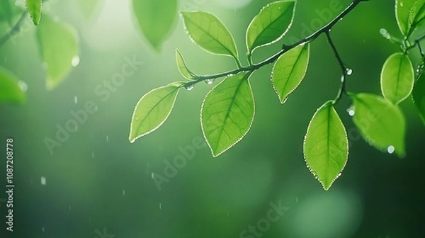 Fototapeta   A close-up of a green leafy tree branch with water droplets on the leaves