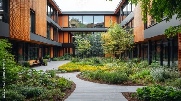 Fototapeta Educational oasis featuring a school building embraced by a serene courtyard garden, providing a peaceful study environment among lush greenery