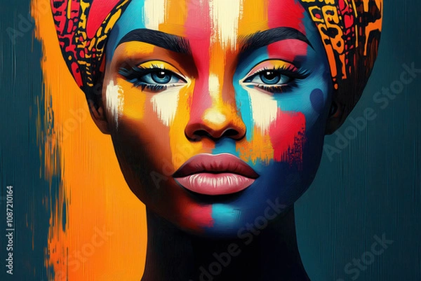 Obraz Colorful pop art portrait of a woman with bold brushstroke patterns on her face, wearing a patterned headwrap, exuding modern and cultural vibrancy.