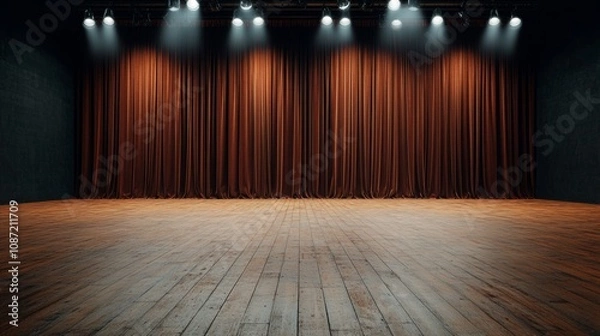 Fototapeta Elegant theater stage adorned with deep burgundy velvet curtains, polished wooden floor, classic stage lights creating an artistic ambiance.