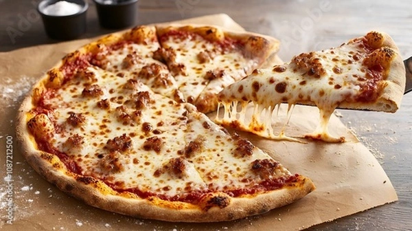 Fototapeta Freshly baked and steaming hot pizza with a crispy crust gooey melted cheese and an array of flavorful toppings that are sure to tantalize the taste buds