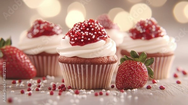 Fototapeta   A collection of cupcakes with white icing and strawberries on a table under soft lighting